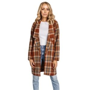 Women's Copper Orange Plaid Preppy Lapel Collar Long Blazer Jacket Size Small